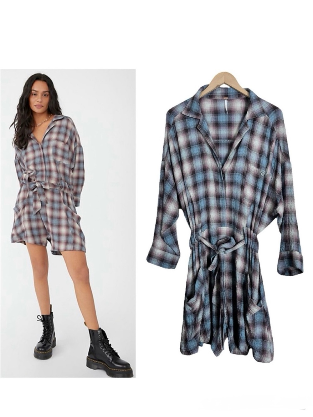 Free People Before I Let Go Plaid Romper Moonstone Combo Size Medium